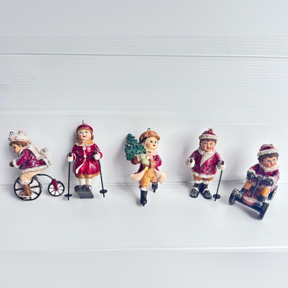 Vintage Ceramic Christmas Children Ornament Set of 5 Winter Ski Tree Toys